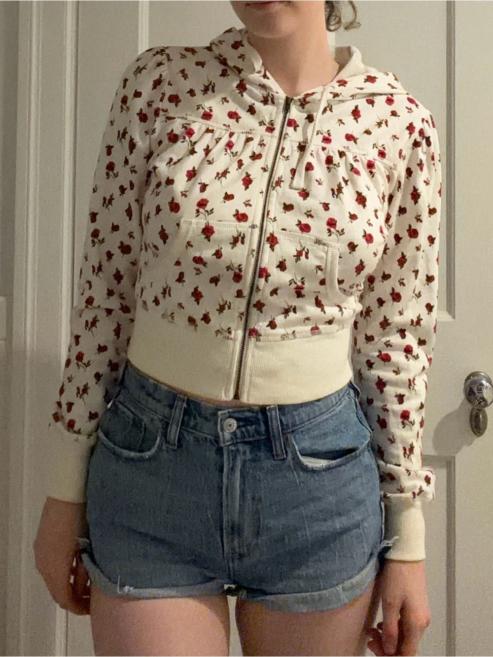 Urban Outfitters Cropped Zip-Up Hoodie with Red Roses